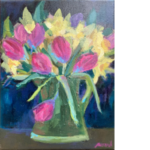 tulipes et jonquilles, nature morte, petit format, acrylique sur toile